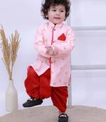 Pink printed silk kurta with dhoti set for boy