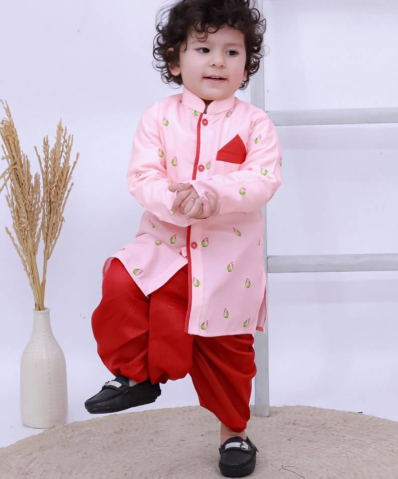 Pink printed silk kurta with dhoti set for boy