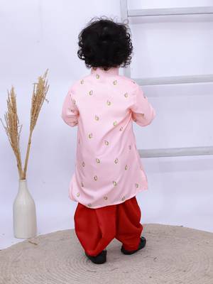 Pink printed silk kurta with dhoti set for boy 2