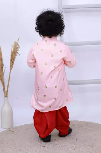 Pink printed silk kurta with dhoti set for boy