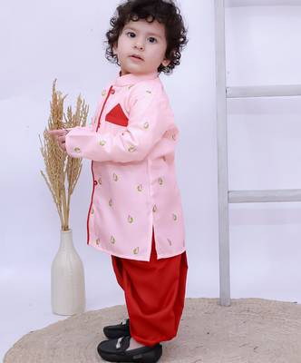 Pink printed silk kurta with dhoti set for boy 3
