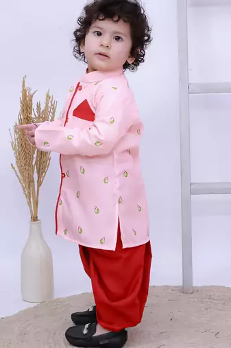 Pink printed silk kurta with dhoti set for boy