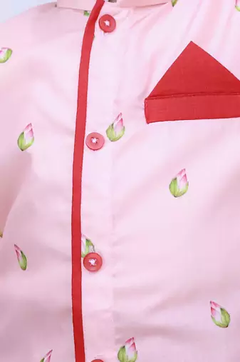 Pink printed silk kurta with dhoti set for boy