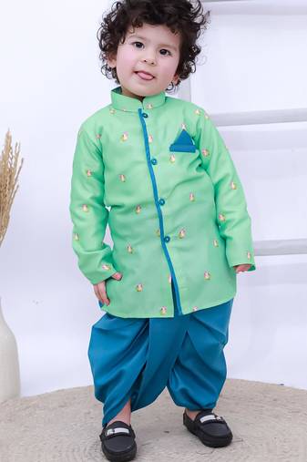 Green printed silk kurta with dhoti set for boy