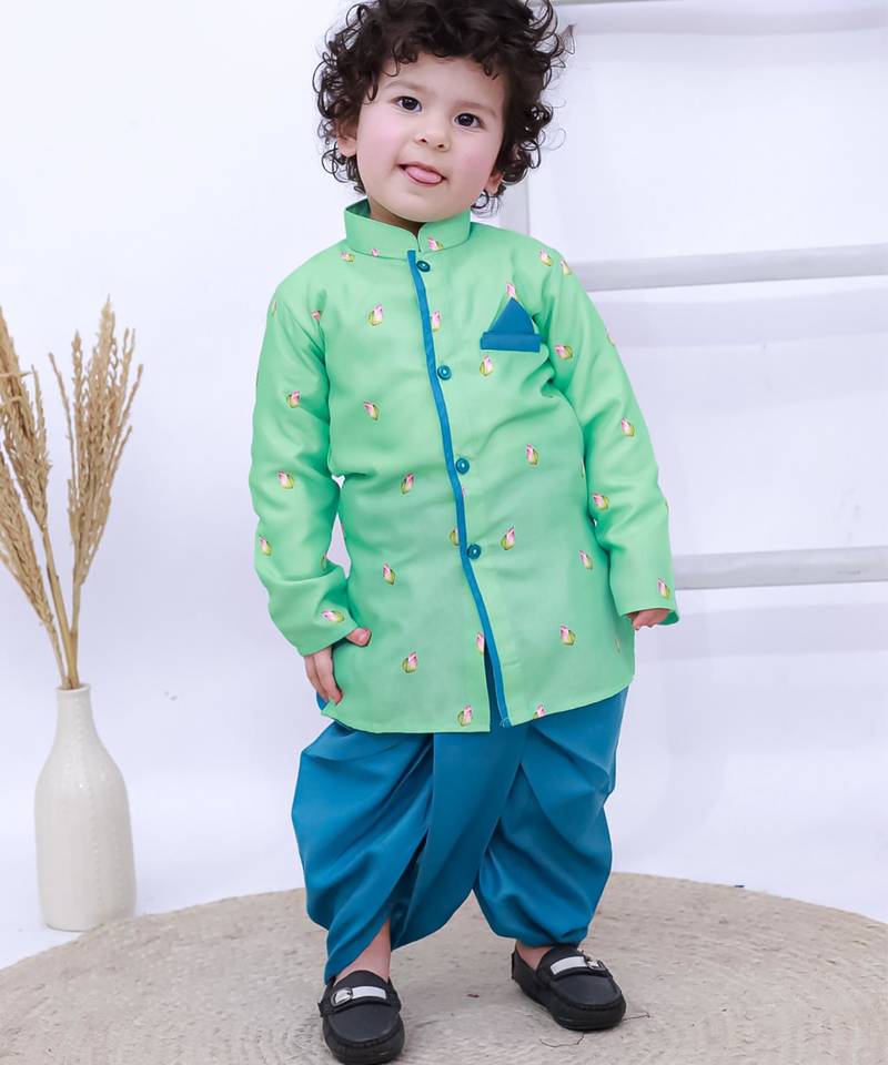 Green printed silk kurta with dhoti set for boy