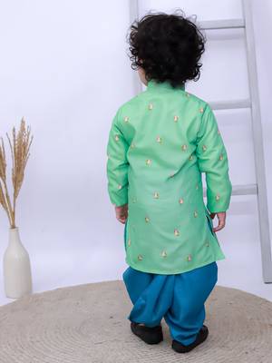 Green printed silk kurta with dhoti set for boy 2