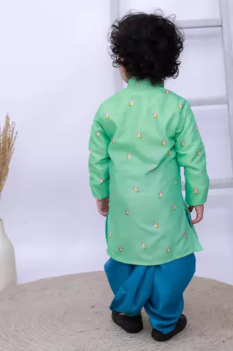 Green printed silk kurta with dhoti set for boy
