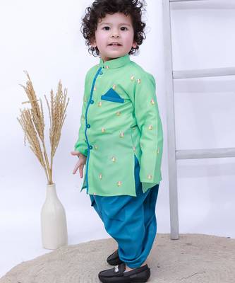 Green printed silk kurta with dhoti set for boy 3