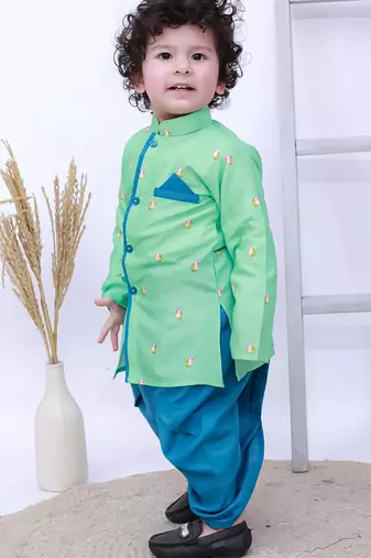 Green printed silk kurta with dhoti set for boy
