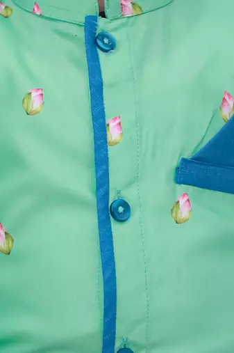 Green printed silk kurta with dhoti set for boy