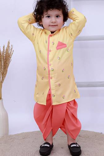 Yellow printed silk kurta with dhoti set for boy