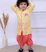 Yellow printed silk kurta with dhoti set for boy