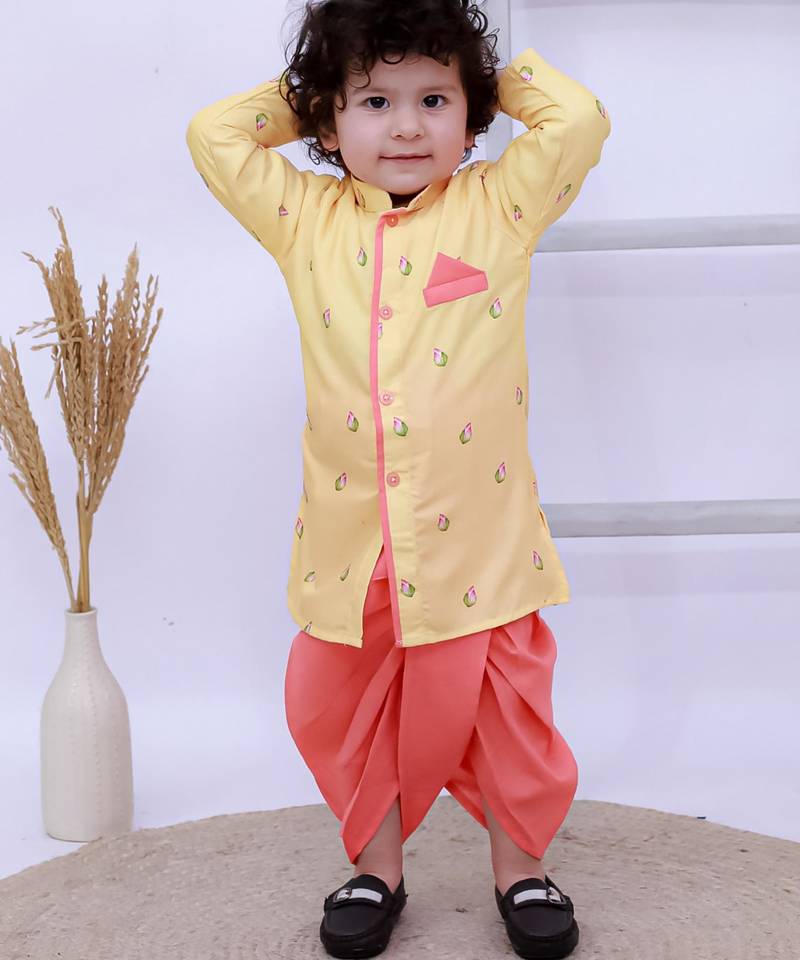 Yellow printed silk kurta with dhoti set for boy