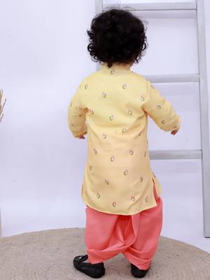 Yellow printed silk kurta with dhoti set for boy 2