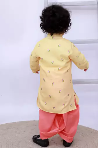 Yellow printed silk kurta with dhoti set for boy