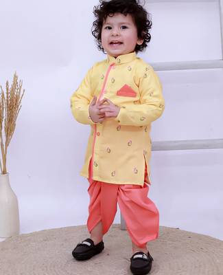 Yellow printed silk kurta with dhoti set for boy 3