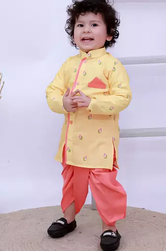 Yellow printed silk kurta with dhoti set for boy