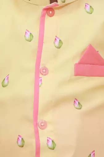 Yellow printed silk kurta with dhoti set for boy