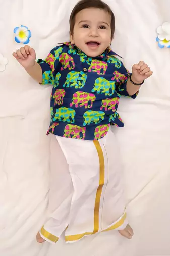 Blue elephant print cotton kurta with lungi set for boy