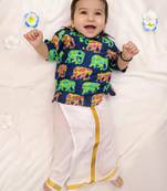 Blue elephant print cotton kurta with lungi set for boy