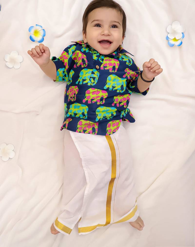 Blue elephant print cotton kurta with lungi set for boy