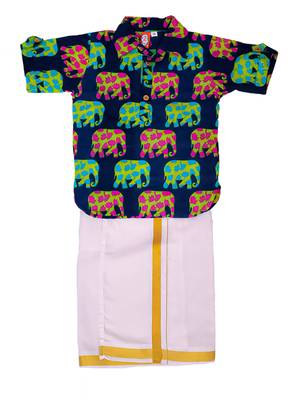 Blue elephant print cotton kurta with lungi set for boy 2