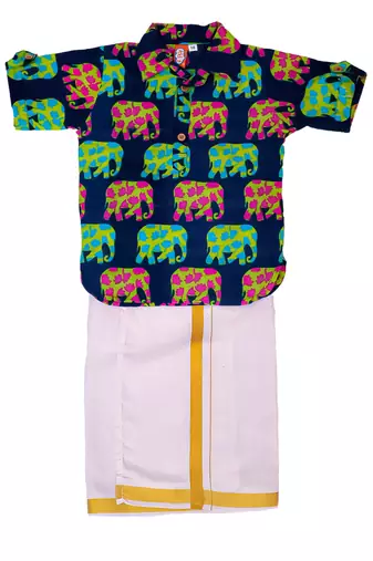 Blue elephant print cotton kurta with lungi set for boy