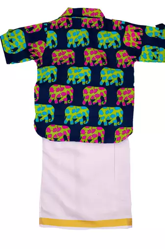 Blue elephant print cotton kurta with lungi set for boy