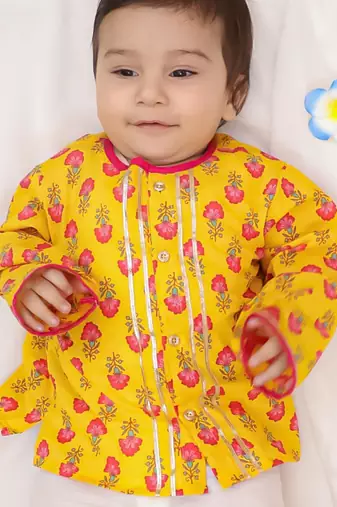 Mustard printed cotton kurta with pyjama set for boy
