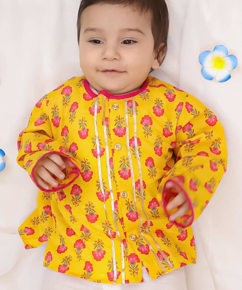 Mustard printed cotton kurta with pyjama set for boy