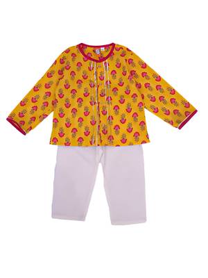 Mustard printed cotton kurta with pyjama set for boy 2