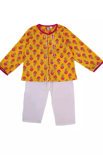 Mustard printed cotton kurta with pyjama set for boy