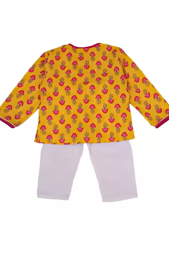 Mustard printed cotton kurta with pyjama set for boy
