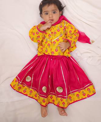 Mustard printed cotton lehenga choli with dupatta set for girls 1
