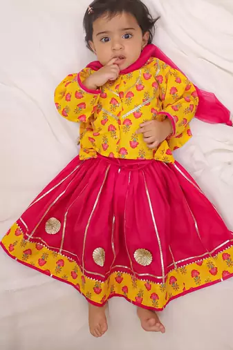 Mustard printed cotton lehenga choli with dupatta set for girls