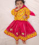Mustard printed cotton lehenga choli with dupatta set for girls
