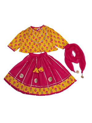 Mustard printed cotton lehenga choli with dupatta set for girls 2
