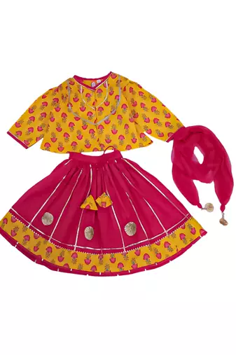 Mustard printed cotton lehenga choli with dupatta set for girls