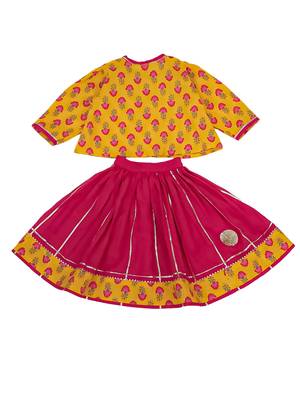 Mustard printed cotton lehenga choli with dupatta set for girls 3