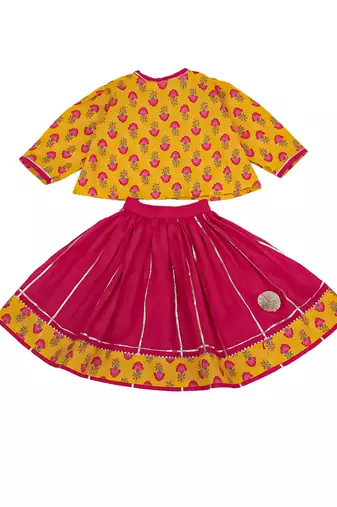 Mustard printed cotton lehenga choli with dupatta set for girls