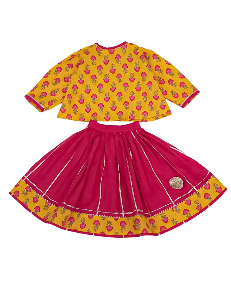 Mustard printed cotton lehenga choli with dupatta set for girls