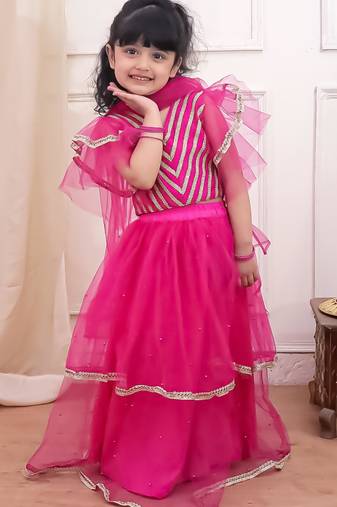 Rani lace work net lehenga choli with dupatta set for girls