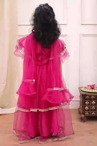 Rani lace work net lehenga choli with dupatta set for girls