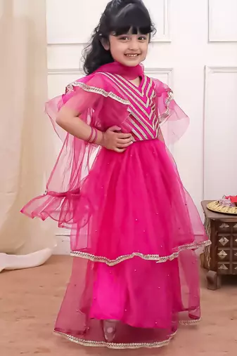 Rani lace work net lehenga choli with dupatta set for girls