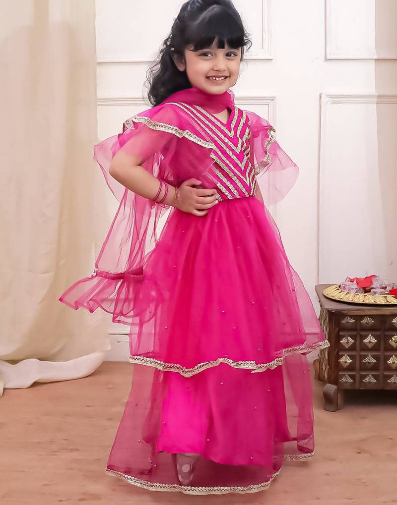 Rani lace work net lehenga choli with dupatta set for girls