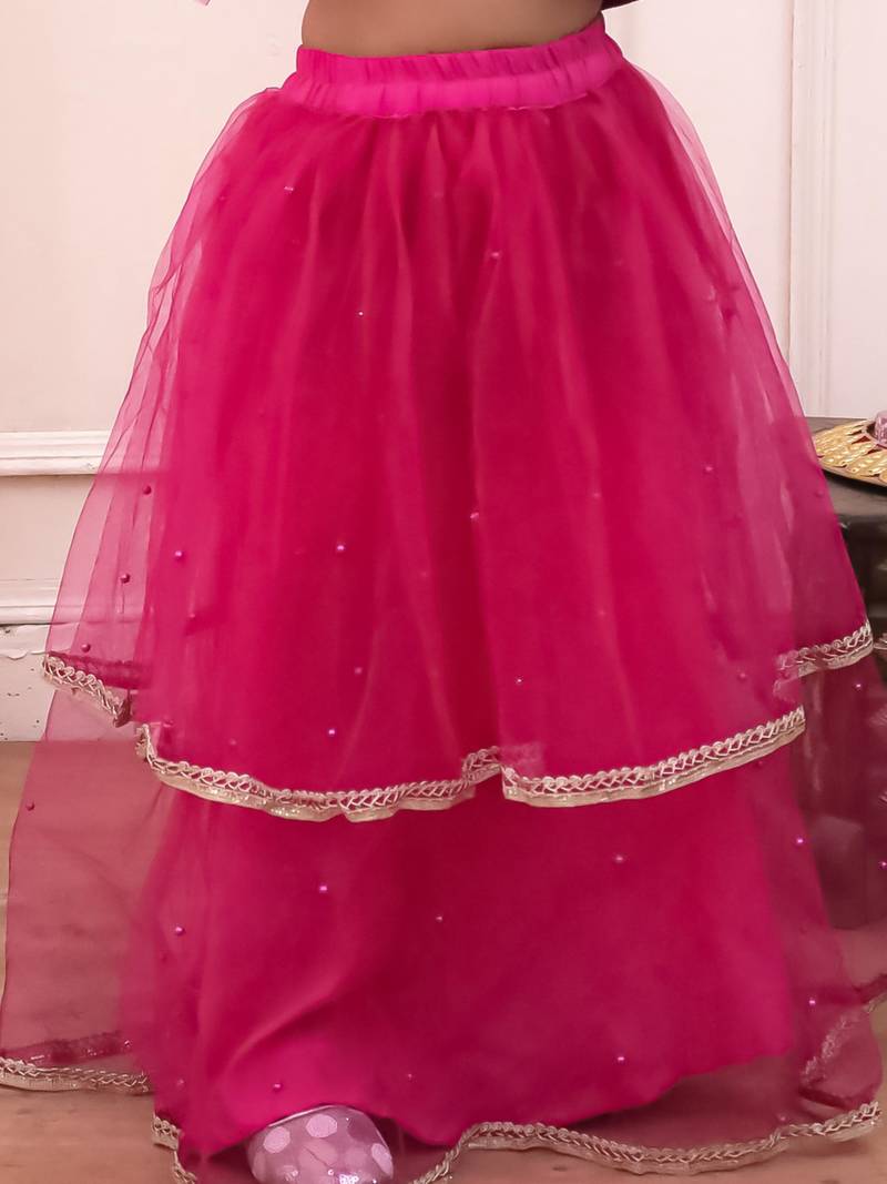 Rani lace work net lehenga choli with dupatta set for girls