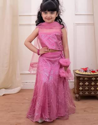 Pink sequins embroiderd net lehenga choli with dupatta set for girls 1