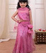 Pink sequins embroiderd net lehenga choli with dupatta set for girls