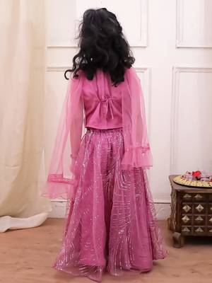 Pink sequins embroiderd net lehenga choli with dupatta set for girls 2