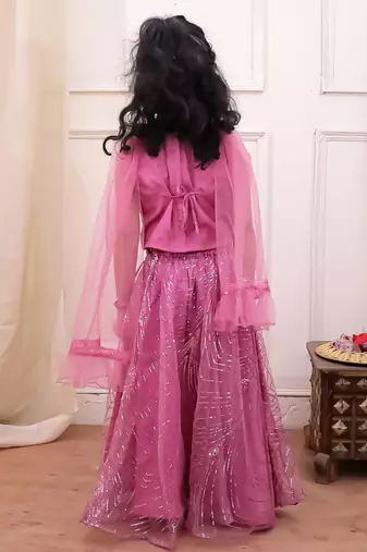 Pink sequins embroiderd net lehenga choli with dupatta set for girls
